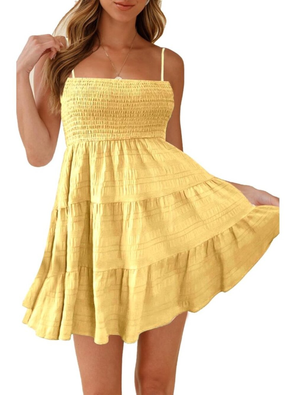 Women's Yellow Spaghetti Strap Sleeveless Smock Cami Mini Dress Summer Flowy